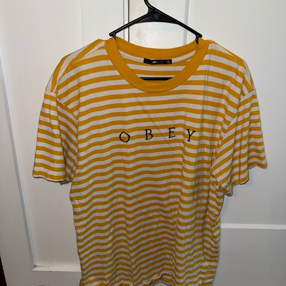 Obey Yellow and White Striped Tee